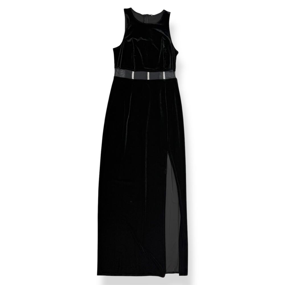 90's sexy black velvet long fitted dress with high slit and mesh crystal trim - Picture 2 of 16